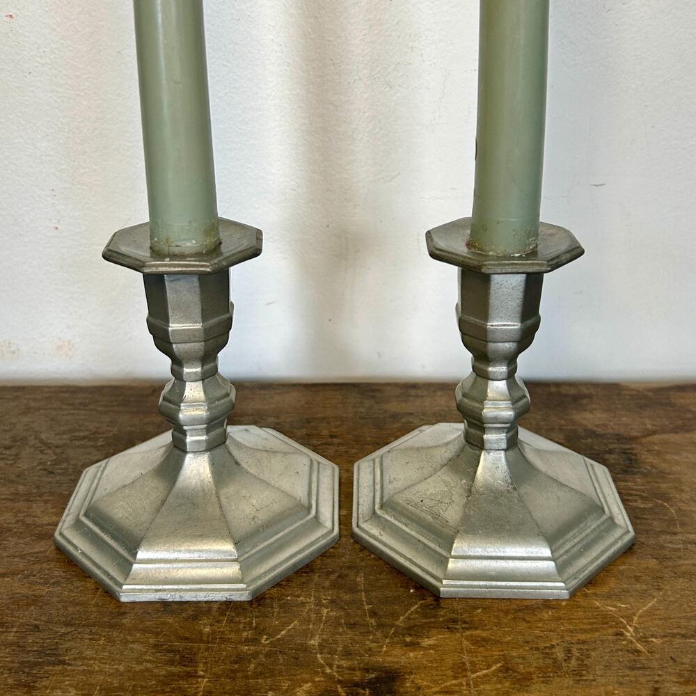 Pair of Vintage Pewter Octette Candlestick Holders | Cottagecore Candleholders